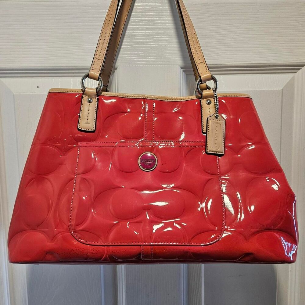 Coach Peyton Coral Red Patent Leather Signature Kiss Lock Tote Bag F25487